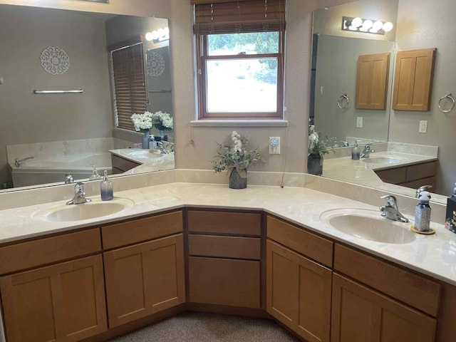 34358 US Highway 285, Ojo Caliente, NM 87549 - bathroom featuring double vanity, a garden tub, and a shower with shower door