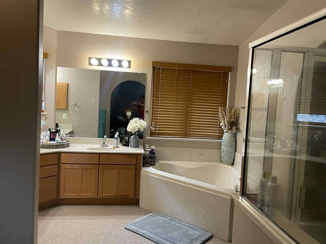 34358 US Highway 285, Ojo Caliente, NM 87549 - full bathroom with a bath, vanity, a shower stall, and a textured ceiling