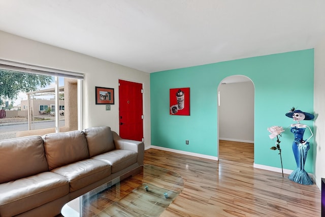 1308 Boatright Dr NE, Albuquerque, NM 87112 - living area with arched walkways and wood finished floors