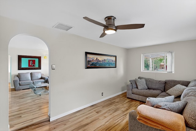 1308 Boatright Dr NE, Albuquerque, NM 87112 - living room featuring arched walkways, light wood-style floors, and ceiling fan