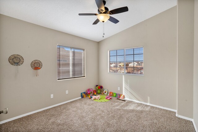 5478 Salem Ct NE, Rio Rancho, NM 87144 - rec room featuring carpet, a ceiling fan, and vaulted ceiling