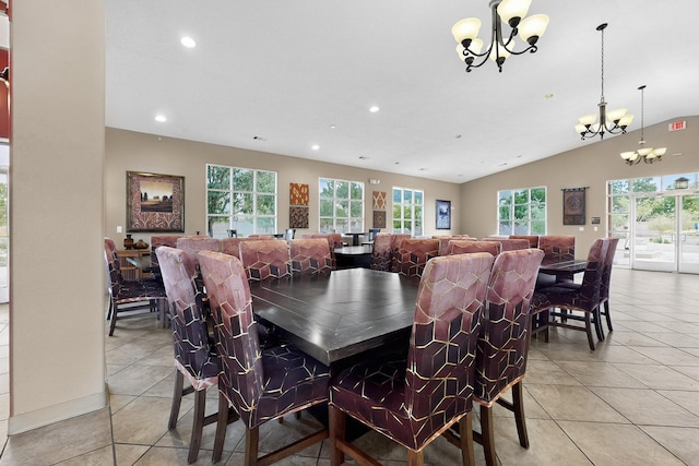 11008 Marina Gate Trl NE, Albuquerque, NM 87123 - dining space featuring a chandelier, light tile patterned flooring, recessed lighting, and lofted ceiling
