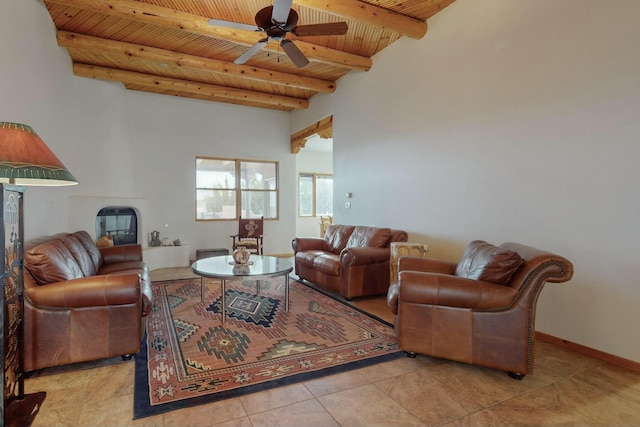 39 Pine Rd, Placitas, NM 87043 - living room with a wood ceiling with exposed beams, a ceiling fan, and tile patterned floors