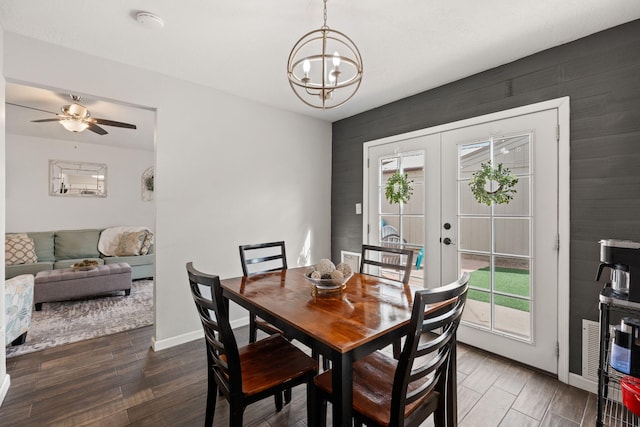 121 Pearl Dr NE, Rio Rancho, NM 87124 - dining area with a chandelier, wood finished floors, french doors, and ceiling fan