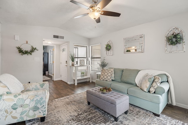 121 Pearl Dr NE, Rio Rancho, NM 87124 - living room with wood finished floors, vaulted ceiling, and ceiling fan