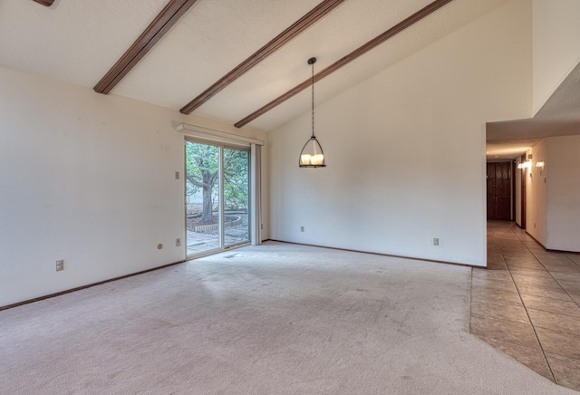 9201 Academy Hills Dr NE, Albuquerque, NM 87111 - empty room with light carpet, high vaulted ceiling, beam ceiling, and a chandelier