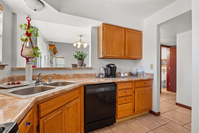 7824 Snowberry St NW, Albuquerque, NM 87120 - kitchen with black dishwasher, light tile patterned flooring, light countertops, and a chandelier
