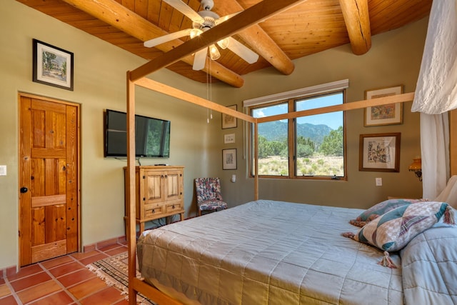 15 Sunset Blvd, Placitas, NM 87043 - tiled bedroom featuring a wood ceiling with exposed beams