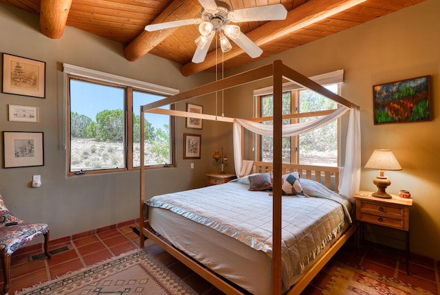 15 Sunset Blvd, Placitas, NM 87043 - tiled bedroom featuring a wooden ceiling with exposed beams and a ceiling fan