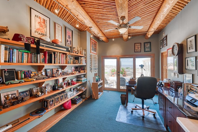 15 Sunset Blvd, Placitas, NM 87043 - office space featuring a wood ceiling with exposed beams, ceiling fan, and plenty of natural light