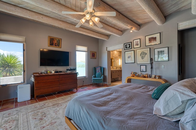 15 Sunset Blvd, Placitas, NM 87043 - bedroom featuring a wooden ceiling with exposed beams, tile patterned flooring, ensuite bathroom, and a ceiling fan
