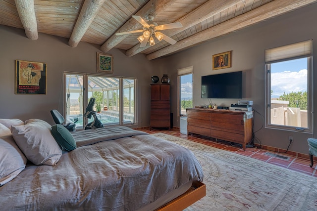 15 Sunset Blvd, Placitas, NM 87043 - bedroom featuring a wood ceiling with exposed beams, access to exterior, multiple windows, tile patterned floors, and a ceiling fan