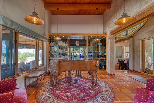 15 Sunset Blvd, Placitas, NM 87043 - office featuring a high ceiling, a wood ceiling with exposed beams, and tile patterned flooring