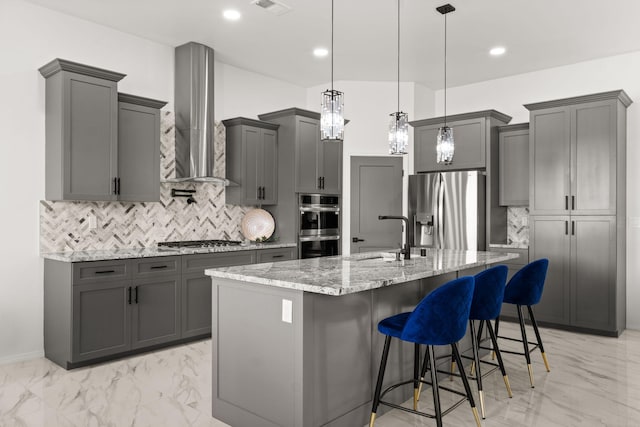1109 11th St SE, Rio Rancho, NM 87124 - kitchen with stainless steel appliances, light marble finish floors, gray cabinetry, and recessed lighting