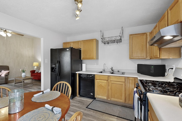 10639 Miera Dr NW, Albuquerque, NM 87114 - kitchen with black appliances, under cabinet range hood, light wood finished floors, ceiling fan, and light countertops