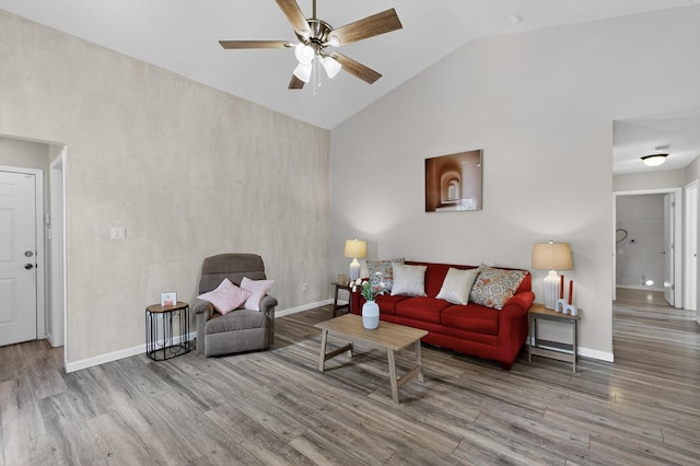 10639 Miera Dr NW, Albuquerque, NM 87114 - living area with a ceiling fan, high vaulted ceiling, and wood finished floors