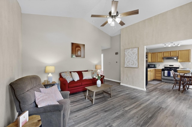 10639 Miera Dr NW, Albuquerque, NM 87114 - living area with wood finished floors, ceiling fan, and high vaulted ceiling