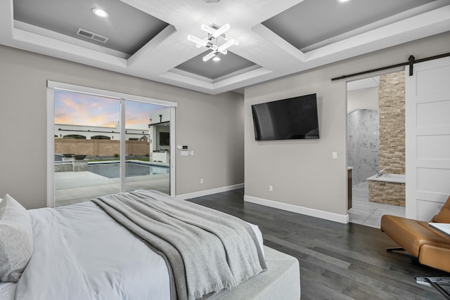 7900 Aguila St NW, Albuquerque, NM 87120 - bedroom with a barn door, access to outside, dark wood finished floors, ensuite bath, and coffered ceiling