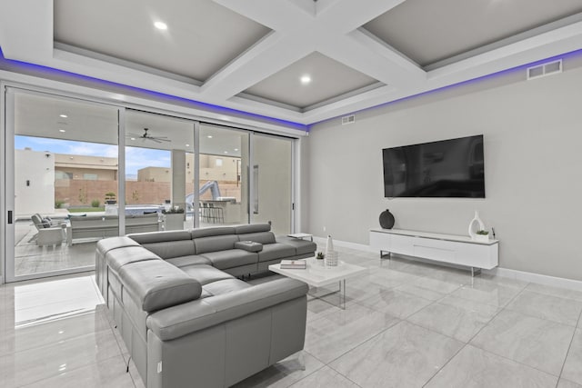7900 Aguila St NW, Albuquerque, NM 87120 - living room featuring coffered ceiling, ceiling fan, beam ceiling, and marble finish flooring