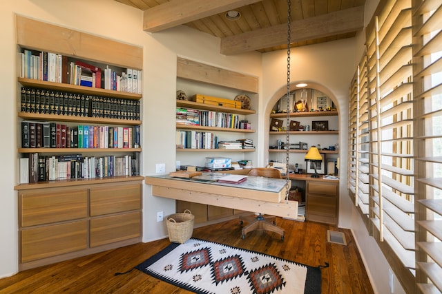 213 Spring Creek Pl NE, Albuquerque, NM 87122 - office area featuring a wood ceiling with exposed beams and dark wood finished floors