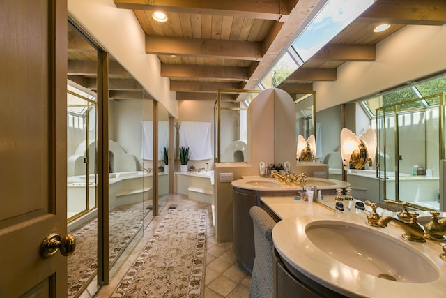 213 Spring Creek Pl NE, Albuquerque, NM 87122 - bathroom featuring a wooden ceiling with exposed beams, double vanity, tile patterned floors, a garden tub, and a shower