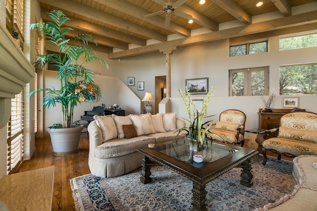 213 Spring Creek Pl NE, Albuquerque, NM 87122 - living room with a wooden ceiling with exposed beams, wood finished floors, a ceiling fan, recessed lighting, and stairway