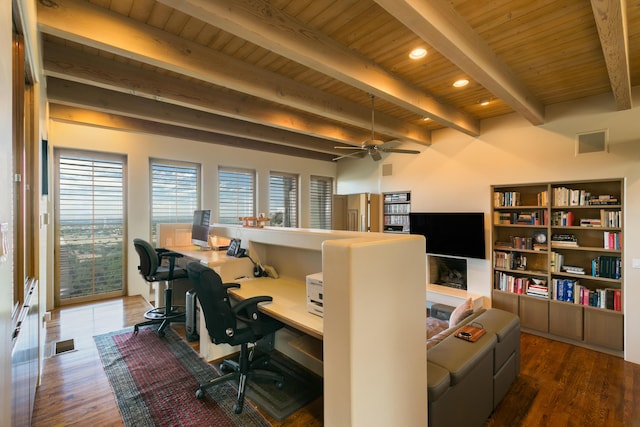213 Spring Creek Pl NE, Albuquerque, NM 87122 - office space featuring a wood ceiling with exposed beams, wood finished floors, ceiling fan, and built in study area