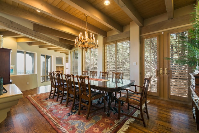 213 Spring Creek Pl NE, Albuquerque, NM 87122 - dining area with a wooden ceiling with exposed beams, french doors, a chandelier, dark wood finished floors, and healthy amount of natural light