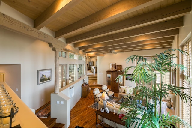 213 Spring Creek Pl NE, Albuquerque, NM 87122 - living area featuring wood finished floors, a wood ceiling with exposed beams, and stairway