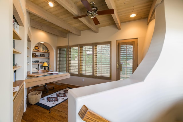 213 Spring Creek Pl NE, Albuquerque, NM 87122 - office featuring a wooden ceiling with exposed beams, wood finished floors, plenty of natural light, ceiling fan, and built in features