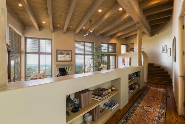 213 Spring Creek Pl NE, Albuquerque, NM 87122 - corridor with hardwood / wood-style floors, a wood ceiling with exposed beams, recessed lighting, and stairway