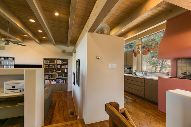 213 Spring Creek Pl NE, Albuquerque, NM 87122 - hall featuring a wood ceiling with exposed beams, dark wood-style flooring, and recessed lighting