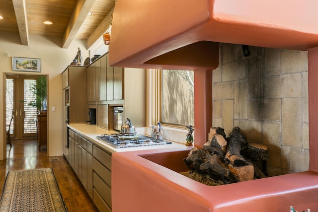 213 Spring Creek Pl NE, Albuquerque, NM 87122 - kitchen with dark wood-type flooring, stainless steel gas stovetop, premium range hood, recessed lighting, and a wooden ceiling with exposed beams