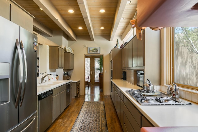 213 Spring Creek Pl NE, Albuquerque, NM 87122 - kitchen with stainless steel appliances, light countertops, a wooden ceiling with exposed beams, recessed lighting, and dark wood-style flooring