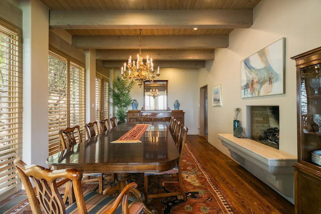 213 Spring Creek Pl NE, Albuquerque, NM 87122 - dining room featuring a chandelier, dark wood-type flooring, and a wood ceiling with exposed beams