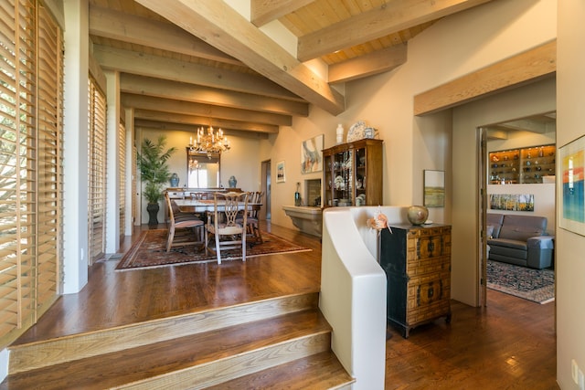 213 Spring Creek Pl NE, Albuquerque, NM 87122 - dining area with wood finished floors, a chandelier, and a wooden ceiling with exposed beams