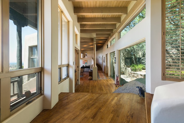 213 Spring Creek Pl NE, Albuquerque, NM 87122 - hallway featuring wood finished floors, healthy amount of natural light, and a wood ceiling with exposed beams
