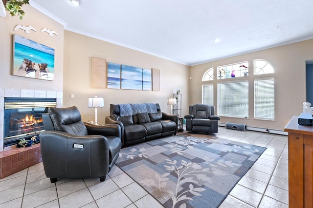 6412 Saint Josephs Ave NW, Albuquerque, NM 87120 - living area featuring ornamental molding, light tile patterned floors, a tiled fireplace, and recessed lighting