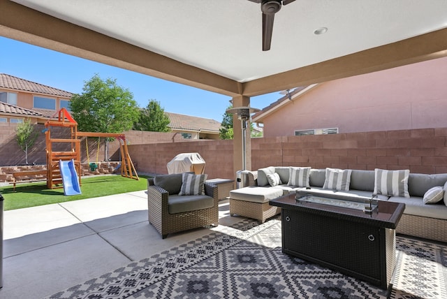 9015 Vista Dibujo Rd, Albuquerque, NM 87120 - fenced backyard with outdoor lounge area, a playground, and a patio