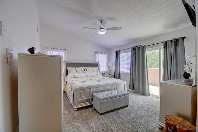 7024 Tree Line Ave NW, Albuquerque, NM 87114 - bedroom with lofted ceiling, light carpet, access to outside, ceiling fan, and a textured ceiling