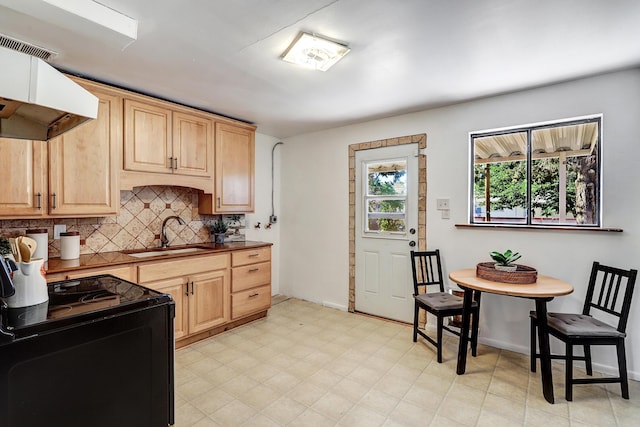 9418 Cordova Ave NE, Albuquerque, NM 87112 - kitchen with extractor fan, light brown cabinetry, black electric range, tasteful backsplash, and dark countertops