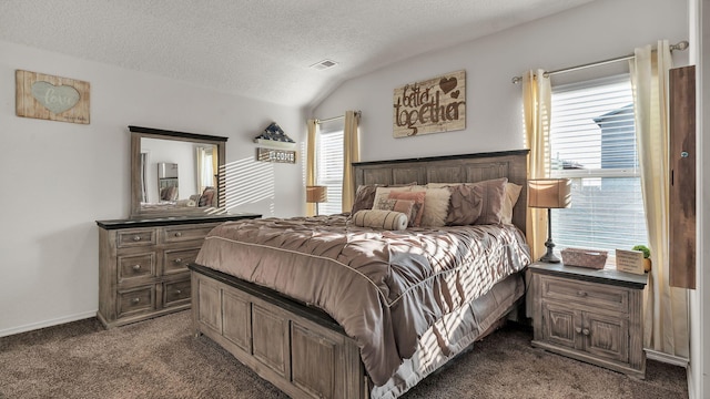 2404 Del Timbre Ln SW, Albuquerque, NM 87121 - bedroom featuring dark colored carpet, a textured ceiling, and vaulted ceiling