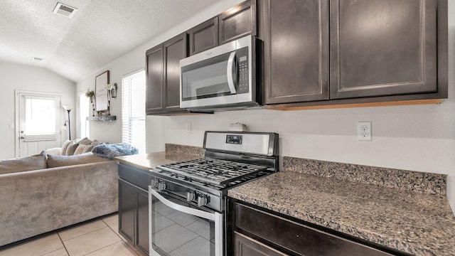 2404 Del Timbre Ln SW, Albuquerque, NM 87121 - kitchen with stainless steel appliances, open floor plan, dark brown cabinets, a textured ceiling, and vaulted ceiling