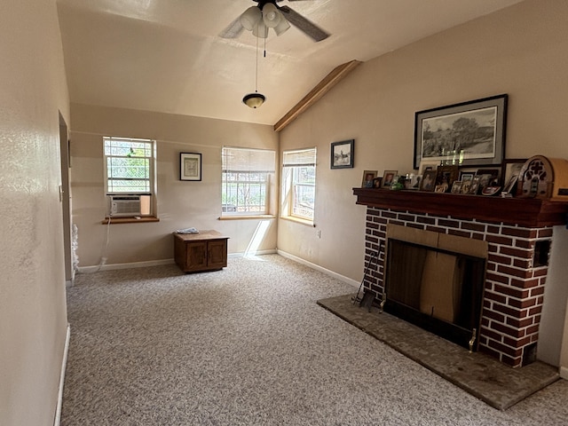 2 Bus Ln, Sandia Park, NM 87047 - living area with carpet flooring, lofted ceiling, ceiling fan, a brick fireplace, and cooling unit