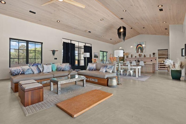 400 Perea Ln, Corrales, NM 87048 - living area featuring wooden ceiling, finished concrete flooring, plenty of natural light, recessed lighting, and high vaulted ceiling