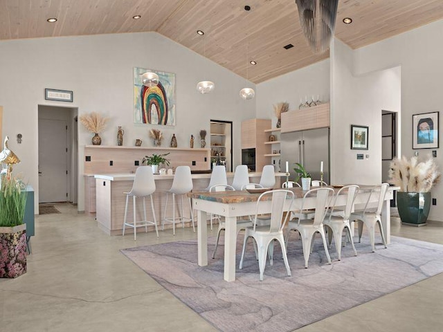 400 Perea Ln, Corrales, NM 87048 - dining area with high vaulted ceiling, finished concrete floors, wood ceiling, and recessed lighting