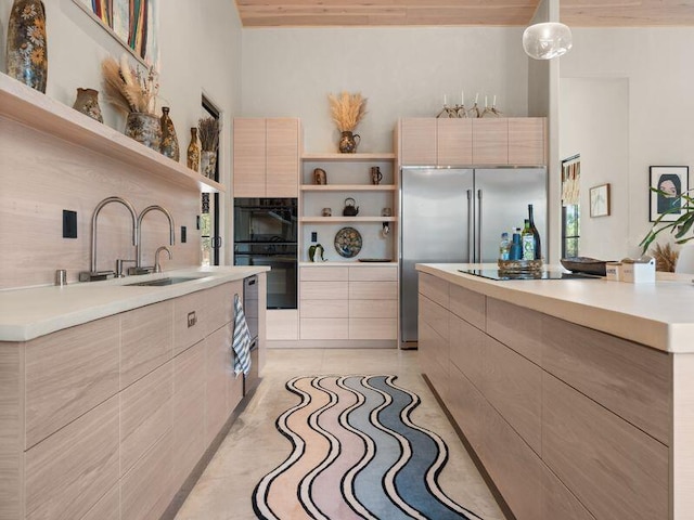400 Perea Ln, Corrales, NM 87048 - kitchen with open shelves, modern cabinets, light brown cabinets, light countertops, and wooden ceiling