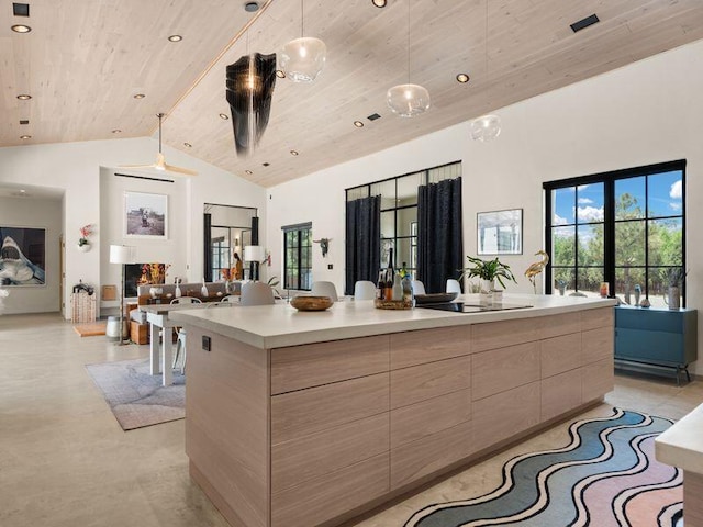 400 Perea Ln, Corrales, NM 87048 - kitchen featuring modern cabinets, wood ceiling, light countertops, high vaulted ceiling, and decorative light fixtures