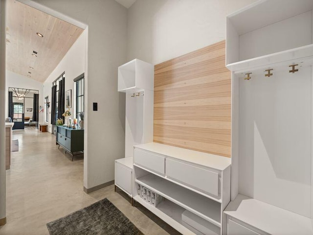 400 Perea Ln, Corrales, NM 87048 - mudroom featuring wooden ceiling, vaulted ceiling, and a chandelier