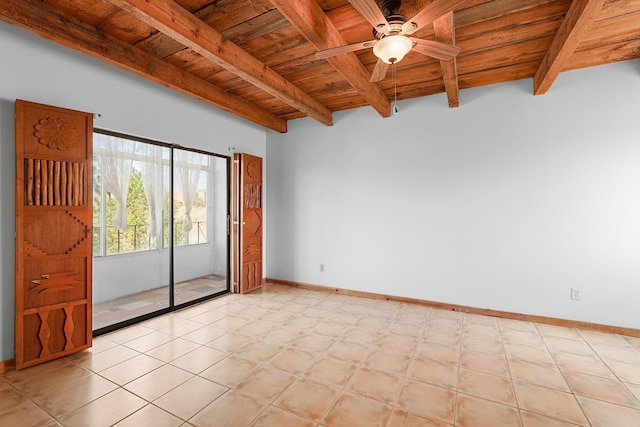 118 Sandia View Rd, Corrales, NM 87048 - spare room with a wooden ceiling with exposed beams, ceiling fan, and light flooring